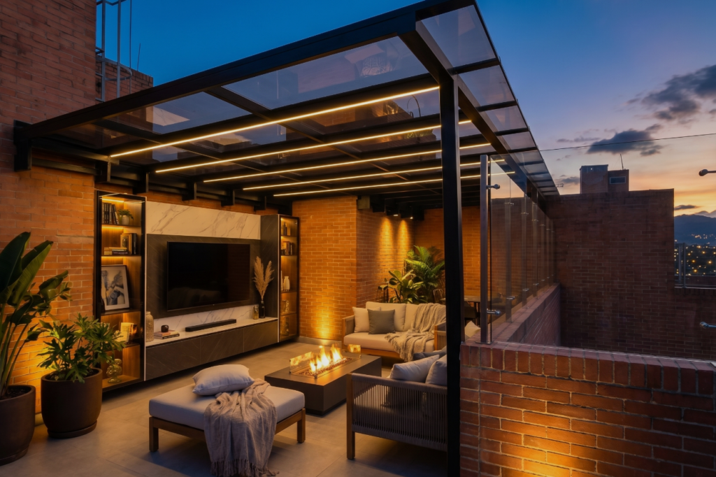 Pérgola de vidrio con estructura metálica e iluminación LED en terraza residencial – Industrias Mendoza Rincón