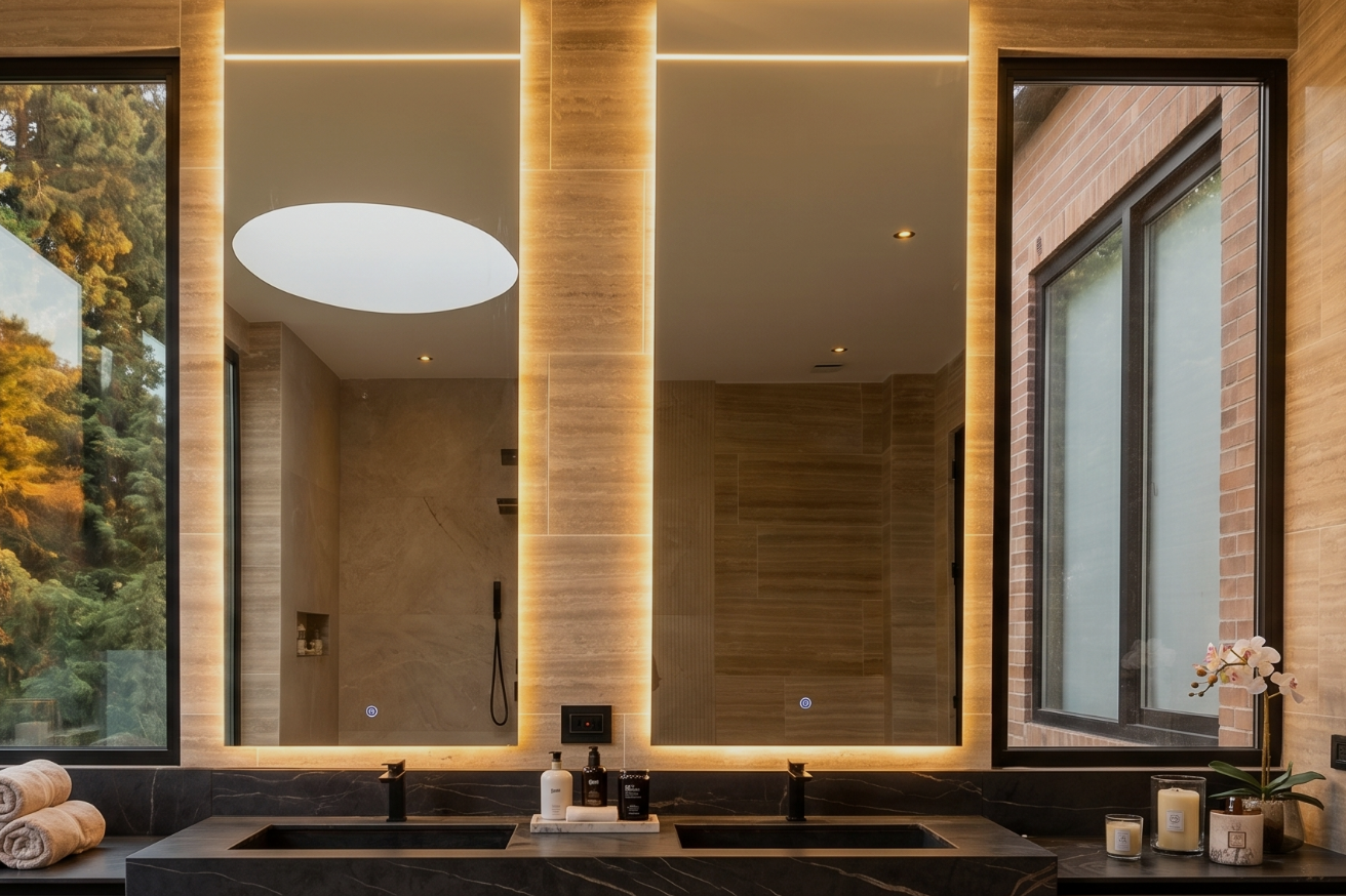 Espejos con iluminación LED retroiluminada en baño de lujo con mármol negro – Industrias Mendoza Rincón